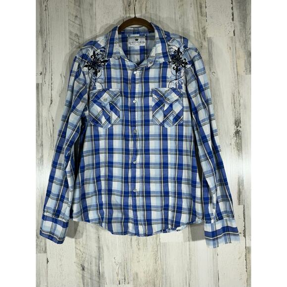 Buckle Pop Icon Clothing Mens Pearl Snap Fitted Size XL Blue Plaid Embroidered - Picture 1 of 10